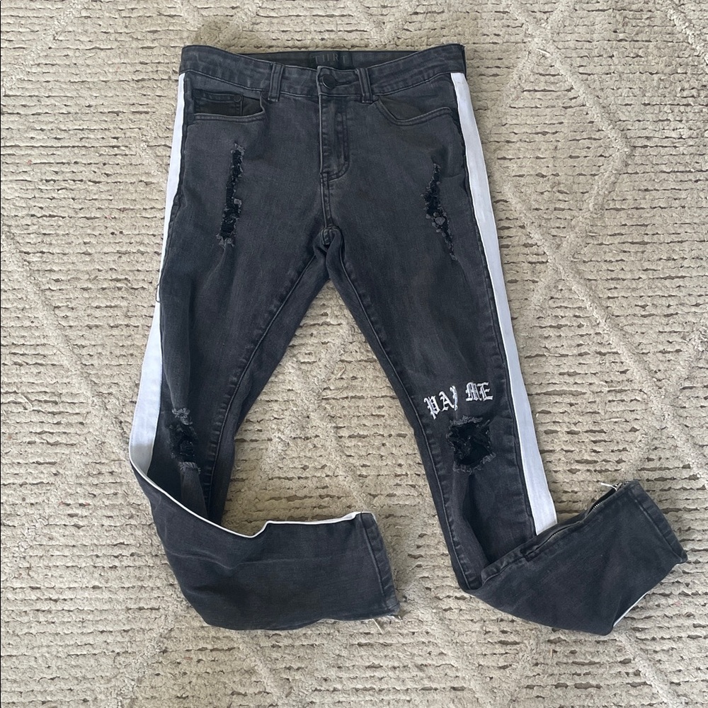 THRT Men's Distressed Black skinny ankle zipper Jeans with White Stripes sz 30